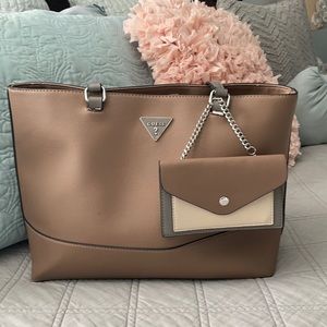 Large Tan with Gray Straps Guess Bag w/card holder